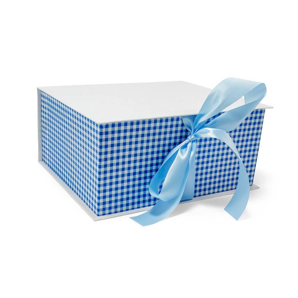 Χειροποίητο Kουτί-Βιβλίο, Λευκό-Mπλε Καρό με Σατέν Κορδέλα, 28x24x13cm